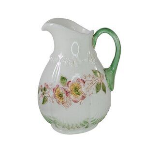 Antique Floral Porcelain Pitcher With Green Handle & Embossed Details